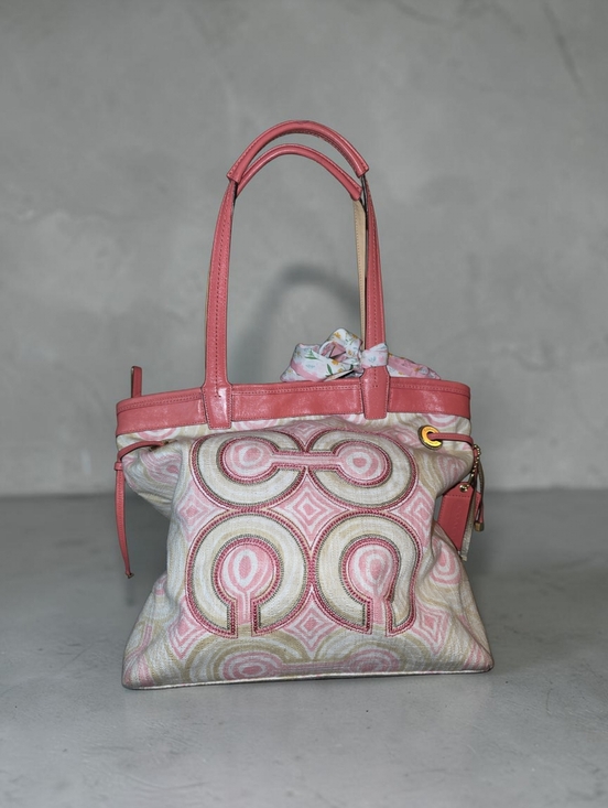 Coach Handbags - Good Condition  Coach AUDREY  Pink Patterned Tote Bag with Coral Trim